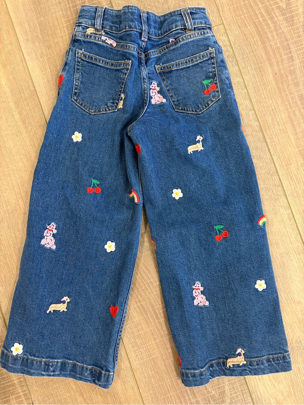 Mini Boden Blue Embroidered Wide-Leg Jeans with Colorful Motifs